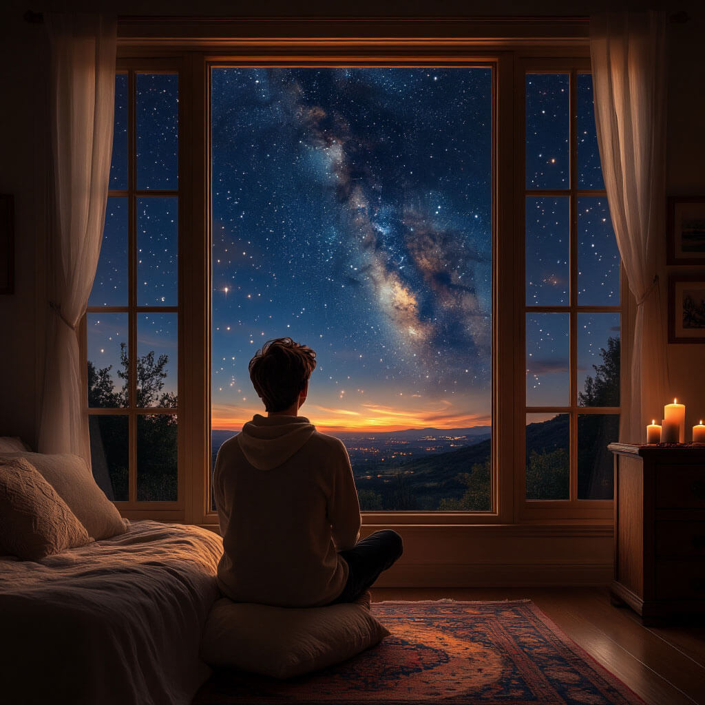 Bir kişi pencereden yıldızlara bakıyor