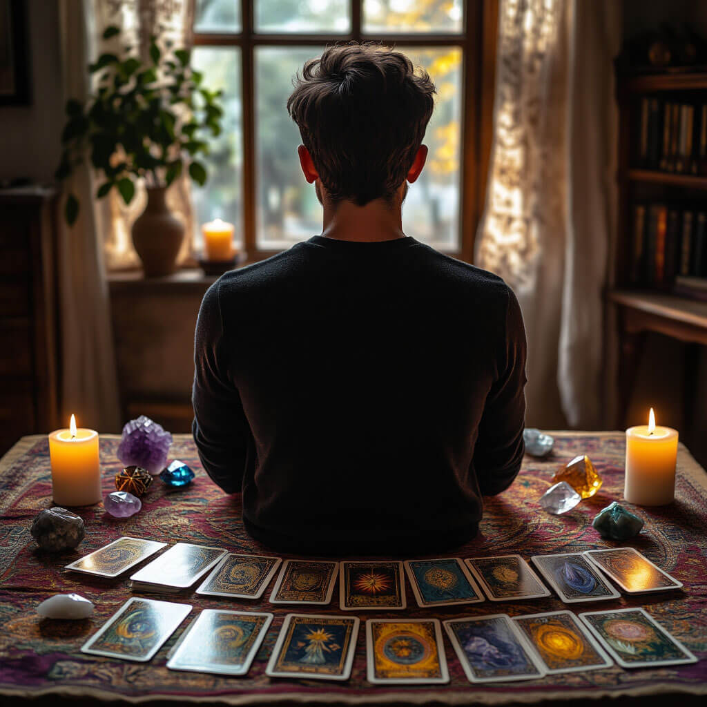 Kişi masada Tarot kartlarına bakıyor